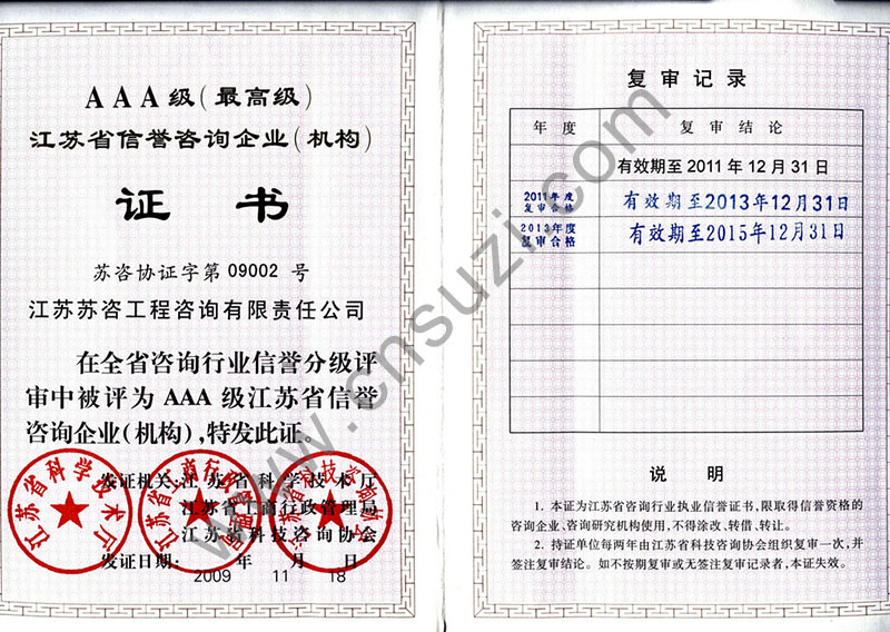 江苏省信誉咨询企业（机构）AAA级证书